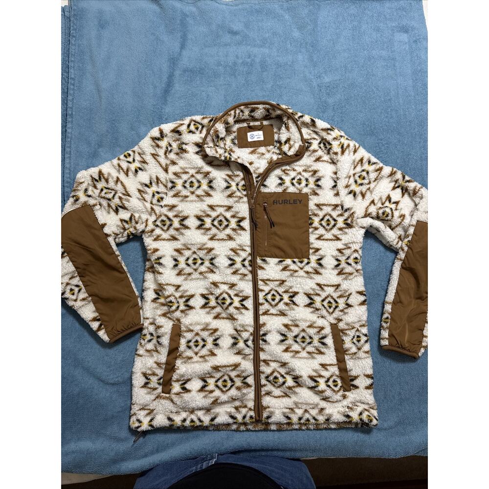 Hurley Men’s Large Aztec Sherpa Fleece Full Zip JacketWhite Brown Surf Skate Y2K